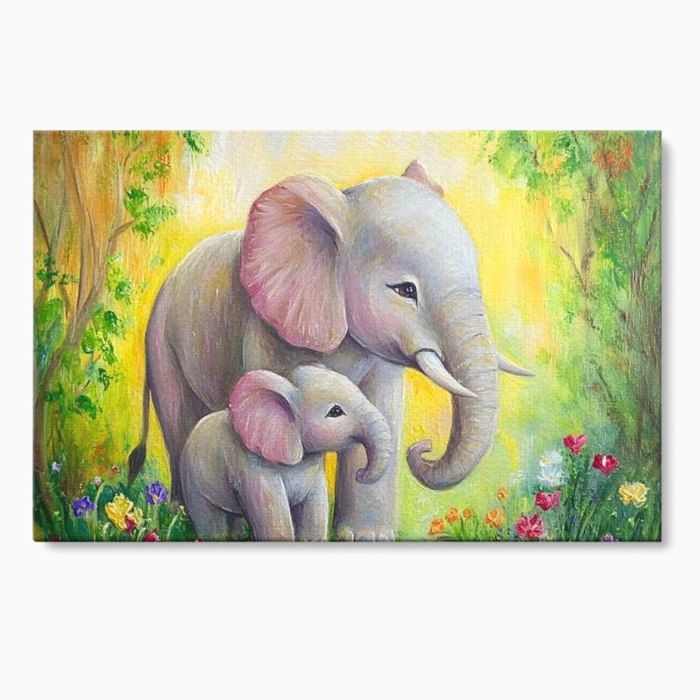 Tablou Canvas Premium, LuxCanva® M1322, Gradina Elefantilor, Afectiune, Mama, Pui, Gradina, Flori, Pictura, Culori Vibrante, Primavara, Elefanti, Dragut, Birou, Living, Camera Copil