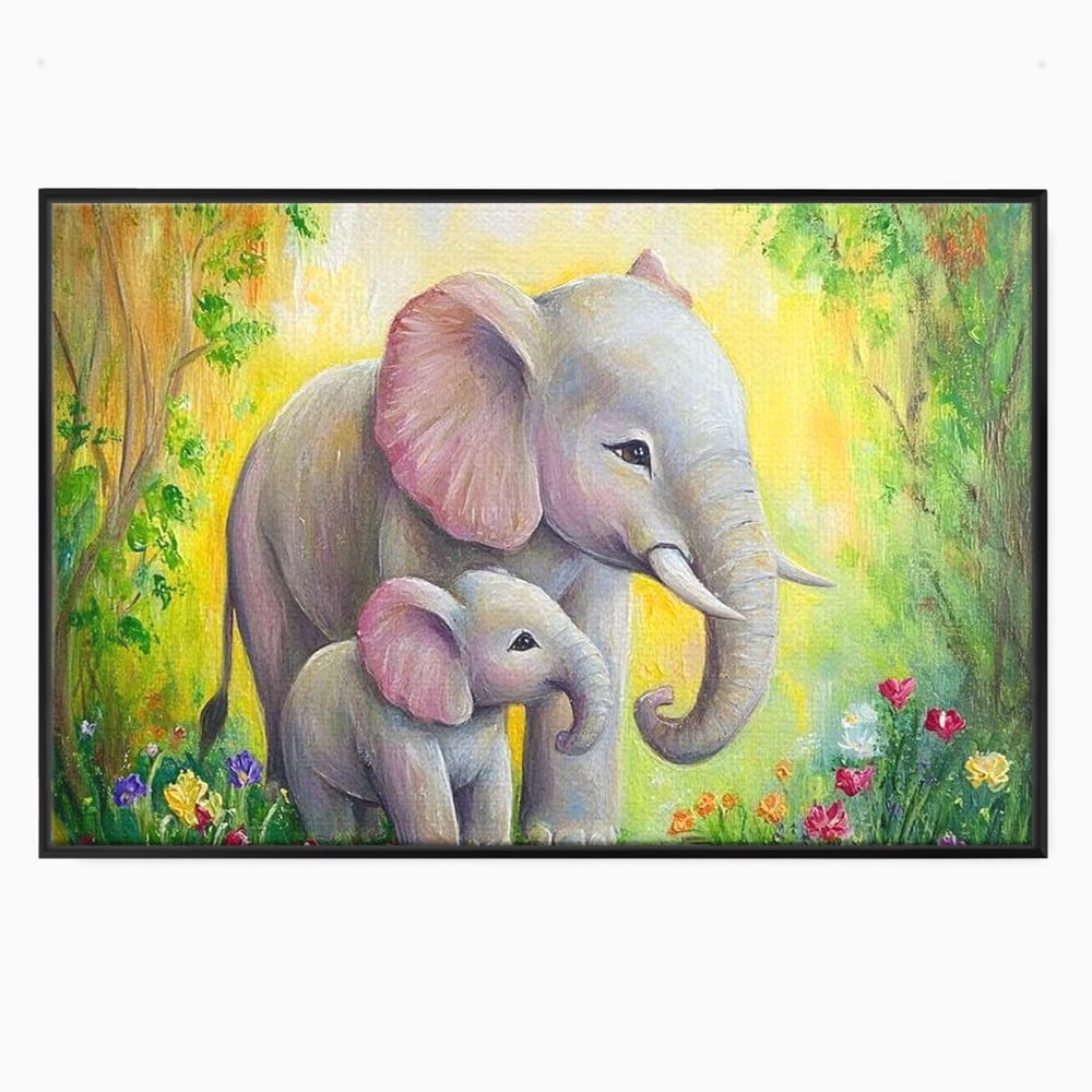 Tablou Canvas Premium, LuxCanva® M1322, Gradina Elefantilor, Afectiune, Mama, Pui, Gradina, Flori, Pictura, Culori Vibrante, Primavara, Elefanti, Dragut, Birou, Living, Camera Copil