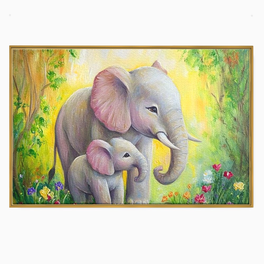 Tablou Canvas Premium, LuxCanva® M1322, Gradina Elefantilor, Afectiune, Mama, Pui, Gradina, Flori, Pictura, Culori Vibrante, Primavara, Elefanti, Dragut, Birou, Living, Camera Copil