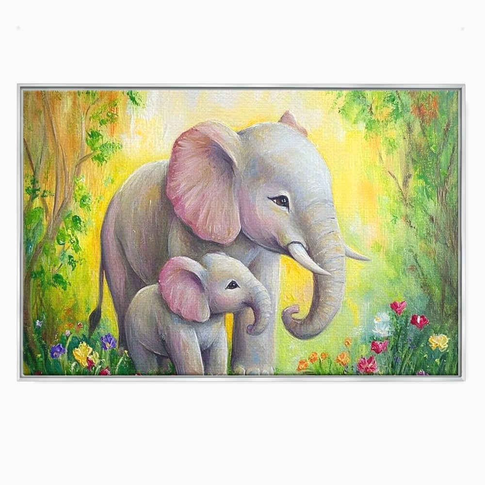 Tablou Canvas Premium, LuxCanva® M1322, Gradina Elefantilor, Afectiune, Mama, Pui, Gradina, Flori, Pictura, Culori Vibrante, Primavara, Elefanti, Dragut, Birou, Living, Camera Copil