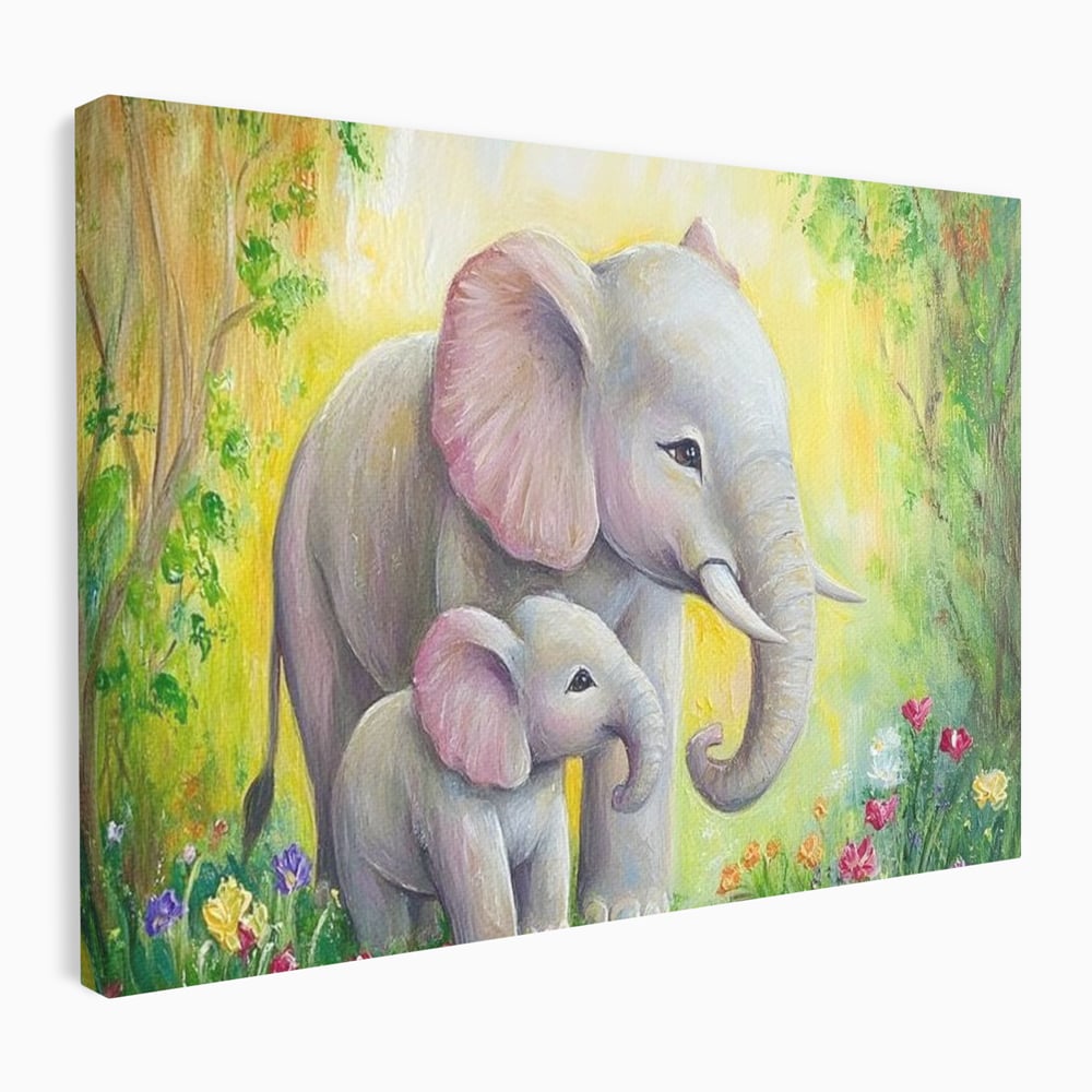 Tablou Canvas Premium, LuxCanva® M1322, Gradina Elefantilor, Afectiune, Mama, Pui, Gradina, Flori, Pictura, Culori Vibrante, Primavara, Elefanti, Dragut, Birou, Living, Camera Copil
