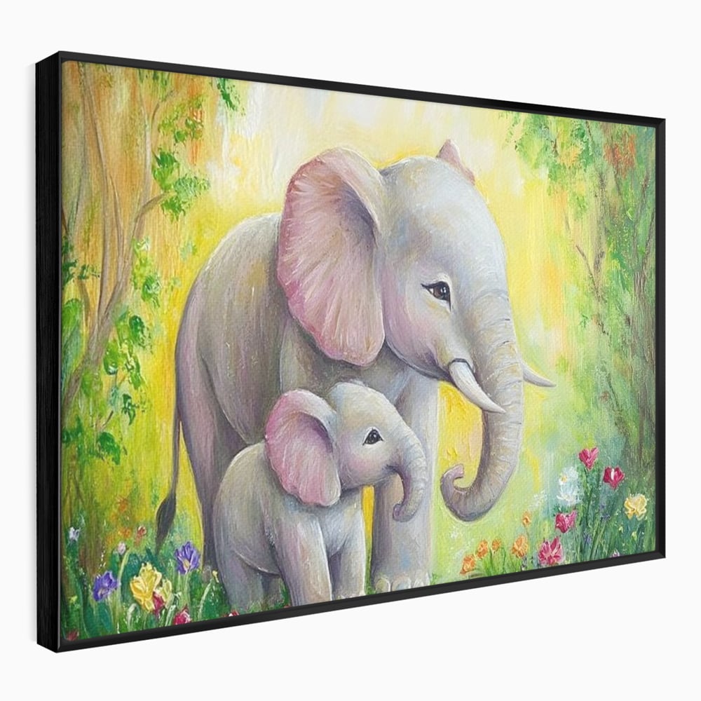Tablou Canvas Premium, LuxCanva® M1322, Gradina Elefantilor, Afectiune, Mama, Pui, Gradina, Flori, Pictura, Culori Vibrante, Primavara, Elefanti, Dragut, Birou, Living, Camera Copil