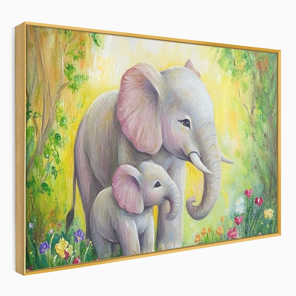 Tablou Canvas Premium, LuxCanva® M1322, Gradina Elefantilor, Afectiune, Mama, Pui, Gradina, Flori, Pictura, Culori Vibrante, Primavara, Elefanti, Dragut, Birou, Living, Camera Copil