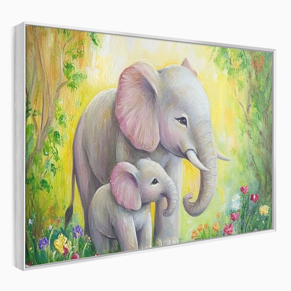 Tablou Canvas Premium, LuxCanva® M1322, Gradina Elefantilor, Afectiune, Mama, Pui, Gradina, Flori, Pictura, Culori Vibrante, Primavara, Elefanti, Dragut, Birou, Living, Camera Copil