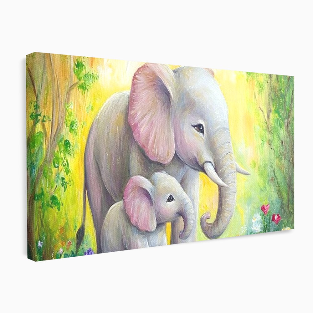 Tablou Canvas Premium, LuxCanva® M1322, Gradina Elefantilor, Afectiune, Mama, Pui, Gradina, Flori, Pictura, Culori Vibrante, Primavara, Elefanti, Dragut, Birou, Living, Camera Copil