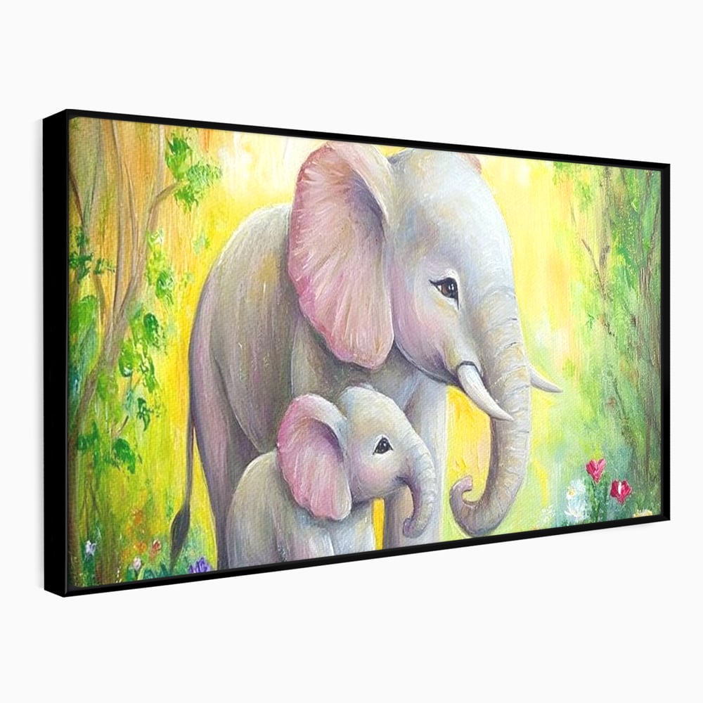 Tablou Canvas Premium, LuxCanva® M1322, Gradina Elefantilor, Afectiune, Mama, Pui, Gradina, Flori, Pictura, Culori Vibrante, Primavara, Elefanti, Dragut, Birou, Living, Camera Copil