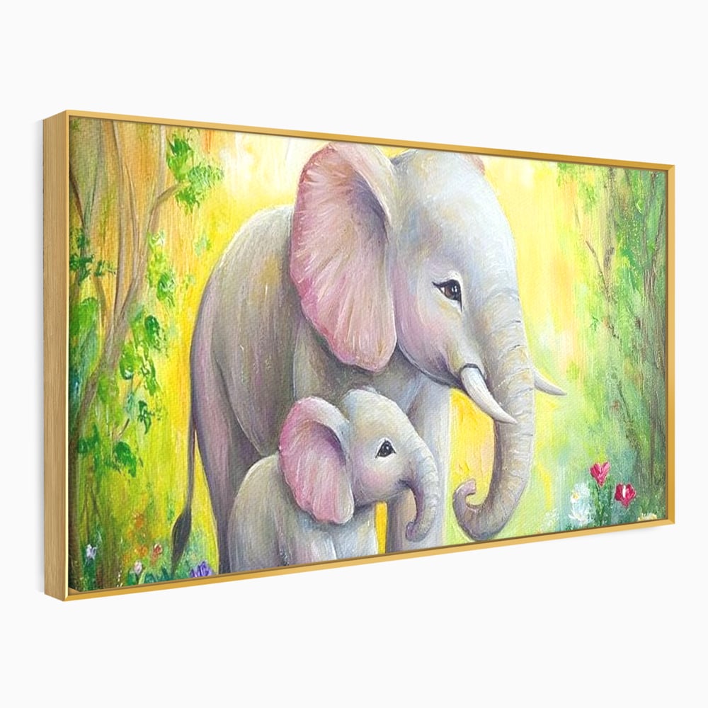 Tablou Canvas Premium, LuxCanva® M1322, Gradina Elefantilor, Afectiune, Mama, Pui, Gradina, Flori, Pictura, Culori Vibrante, Primavara, Elefanti, Dragut, Birou, Living, Camera Copil