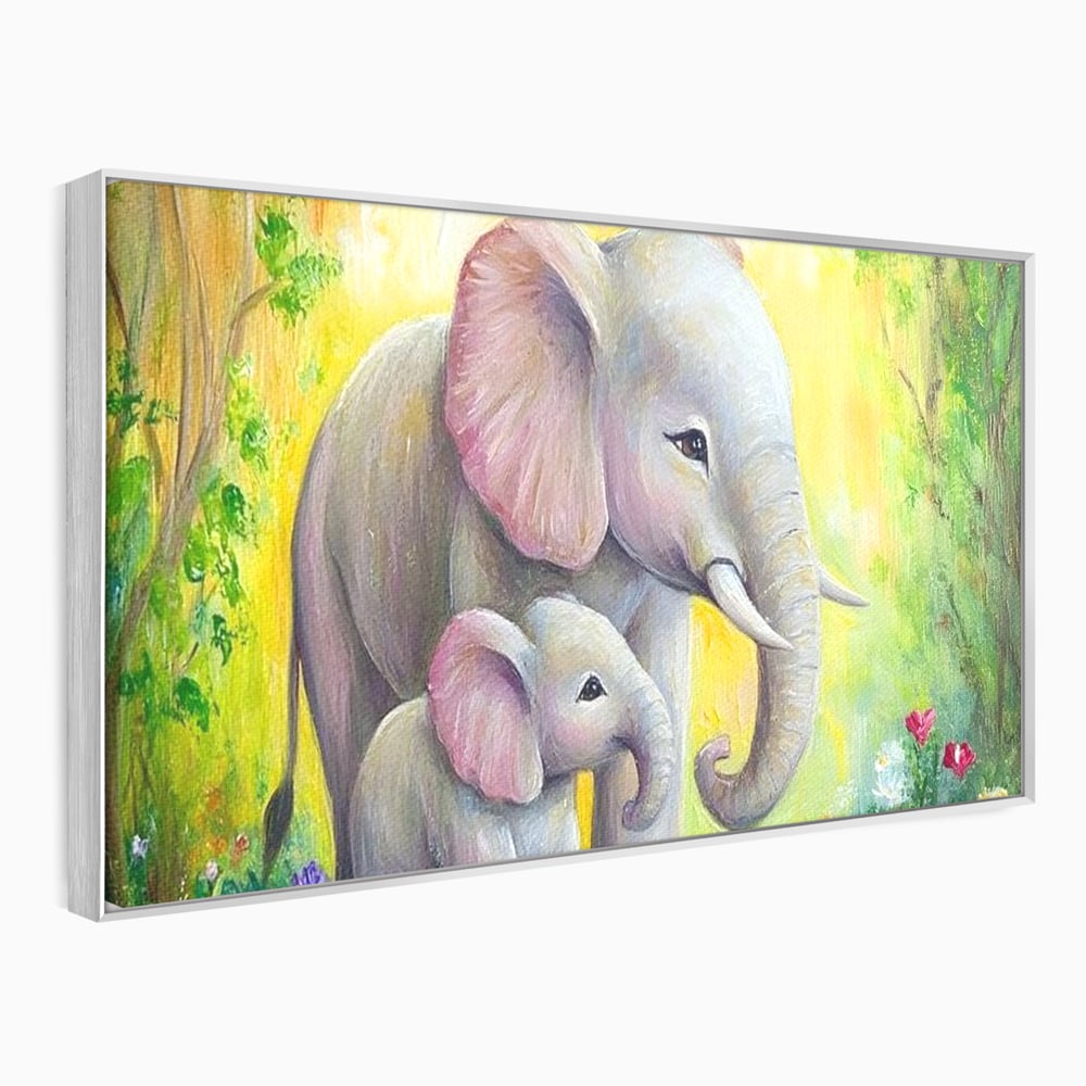 Tablou Canvas Premium, LuxCanva® M1322, Gradina Elefantilor, Afectiune, Mama, Pui, Gradina, Flori, Pictura, Culori Vibrante, Primavara, Elefanti, Dragut, Birou, Living, Camera Copil