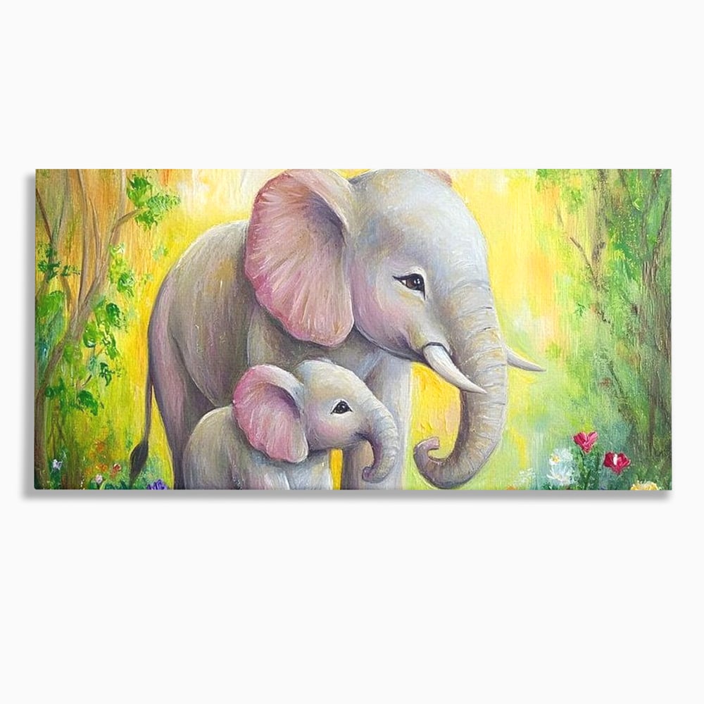 Tablou Canvas Premium, LuxCanva® M1322, Gradina Elefantilor, Afectiune, Mama, Pui, Gradina, Flori, Pictura, Culori Vibrante, Primavara, Elefanti, Dragut, Birou, Living, Camera Copil