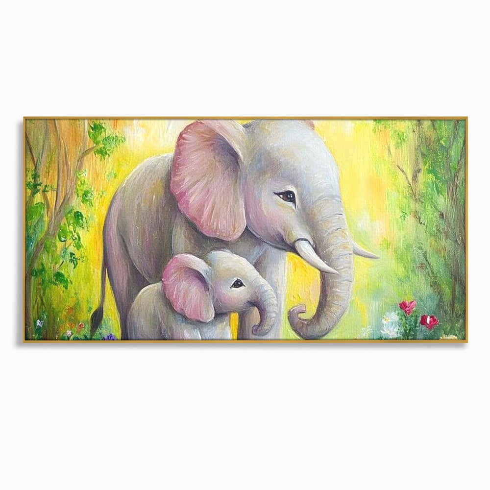 Tablou Canvas Premium, LuxCanva® M1322, Gradina Elefantilor, Afectiune, Mama, Pui, Gradina, Flori, Pictura, Culori Vibrante, Primavara, Elefanti, Dragut, Birou, Living, Camera Copil