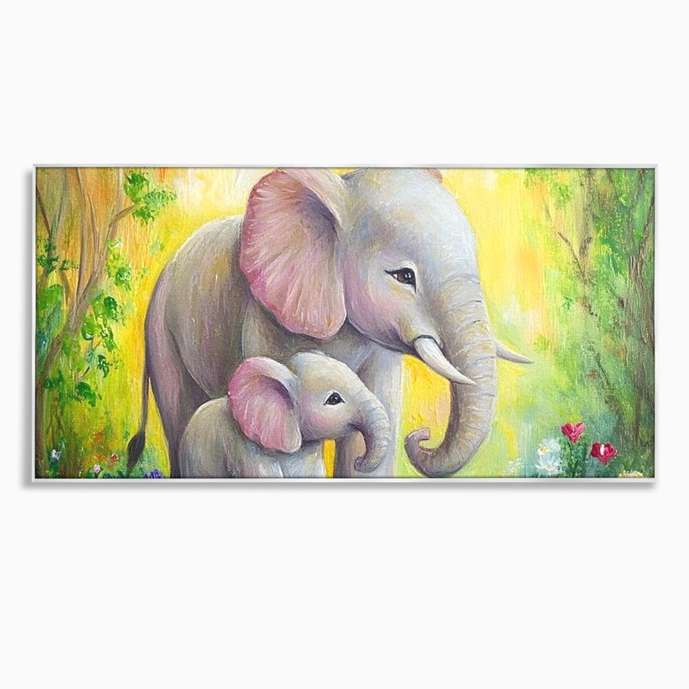 Tablou Canvas Premium, LuxCanva® M1322, Gradina Elefantilor, Afectiune, Mama, Pui, Gradina, Flori, Pictura, Culori Vibrante, Primavara, Elefanti, Dragut, Birou, Living, Camera Copil
