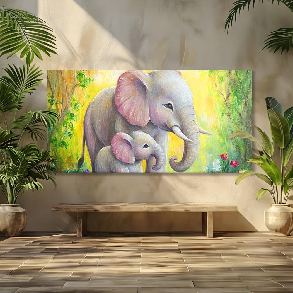 Tablou Canvas Premium, LuxCanva® M1322, Gradina Elefantilor, Afectiune, Mama, Pui, Gradina, Flori, Pictura, Culori Vibrante, Primavara, Elefanti, Dragut, Birou, Living, Camera Copil