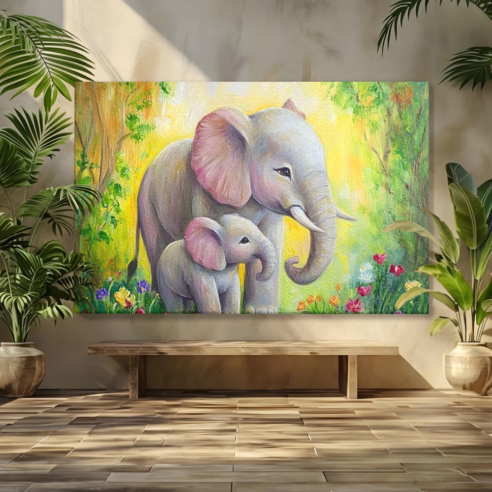 Tablou Canvas Premium, LuxCanva® M1322, Gradina Elefantilor, Afectiune, Mama, Pui, Gradina, Flori, Pictura, Culori Vibrante, Primavara, Elefanti, Dragut, Birou, Living, Camera Copil