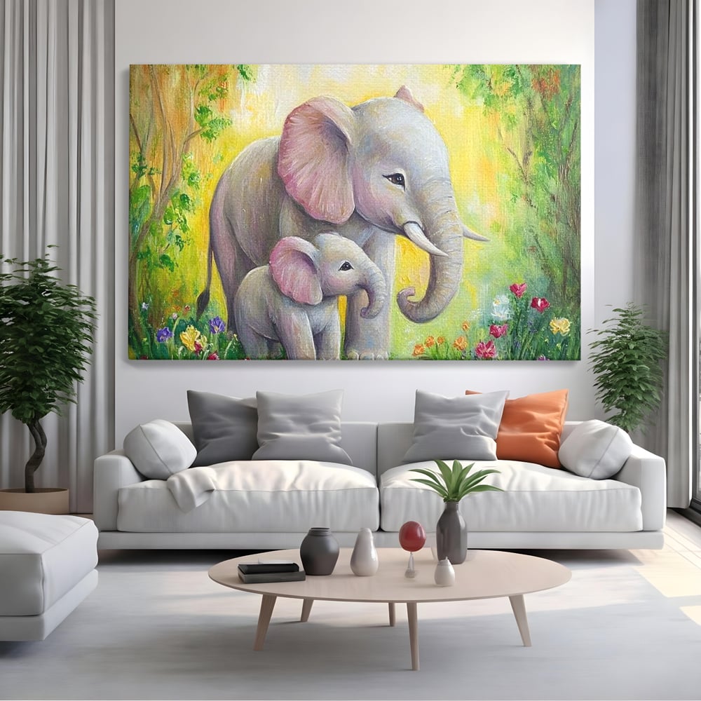 Tablou Canvas Premium, LuxCanva® M1322, Gradina Elefantilor, Afectiune, Mama, Pui, Gradina, Flori, Pictura, Culori Vibrante, Primavara, Elefanti, Dragut, Birou, Living, Camera Copil