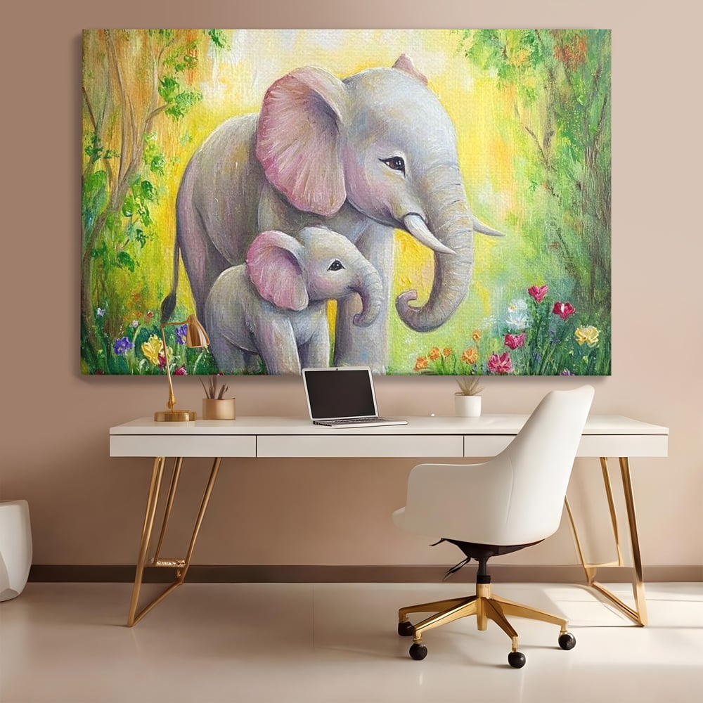 Tablou Canvas Premium, LuxCanva® M1322, Gradina Elefantilor, Afectiune, Mama, Pui, Gradina, Flori, Pictura, Culori Vibrante, Primavara, Elefanti, Dragut, Birou, Living, Camera Copil