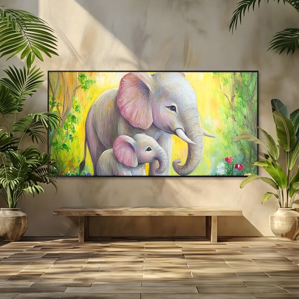 Tablou Canvas Premium, LuxCanva® M1322, Gradina Elefantilor, Afectiune, Mama, Pui, Gradina, Flori, Pictura, Culori Vibrante, Primavara, Elefanti, Dragut, Birou, Living, Camera Copil