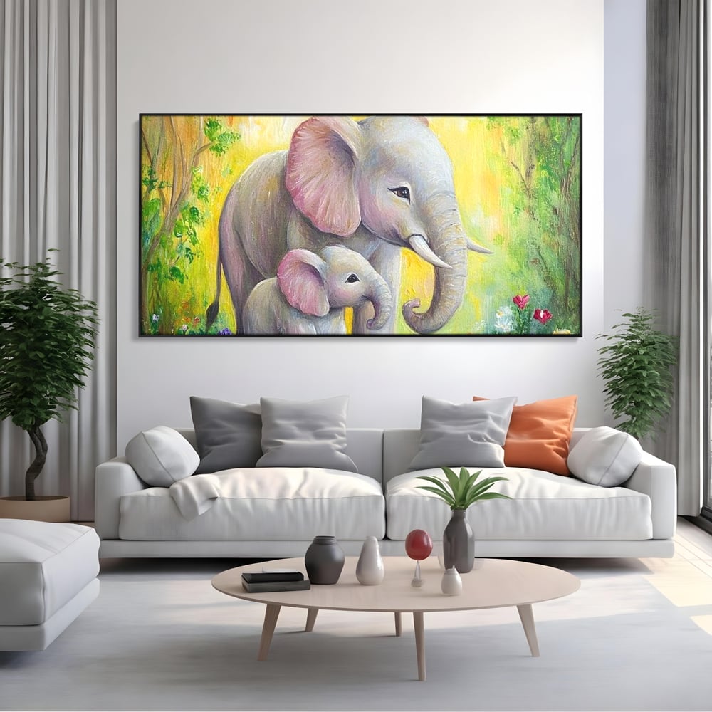 Tablou Canvas Premium, LuxCanva® M1322, Gradina Elefantilor, Afectiune, Mama, Pui, Gradina, Flori, Pictura, Culori Vibrante, Primavara, Elefanti, Dragut, Birou, Living, Camera Copil