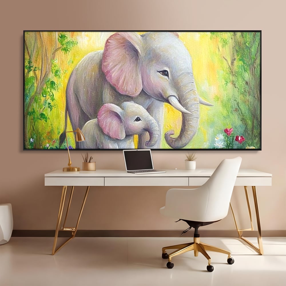 Tablou Canvas Premium, LuxCanva® M1322, Gradina Elefantilor, Afectiune, Mama, Pui, Gradina, Flori, Pictura, Culori Vibrante, Primavara, Elefanti, Dragut, Birou, Living, Camera Copil