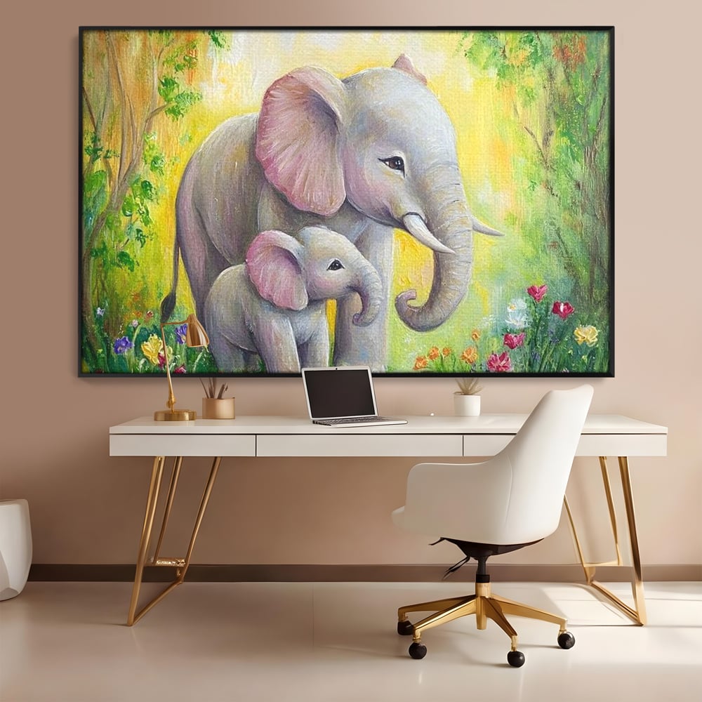 Tablou Canvas Premium, LuxCanva® M1322, Gradina Elefantilor, Afectiune, Mama, Pui, Gradina, Flori, Pictura, Culori Vibrante, Primavara, Elefanti, Dragut, Birou, Living, Camera Copil