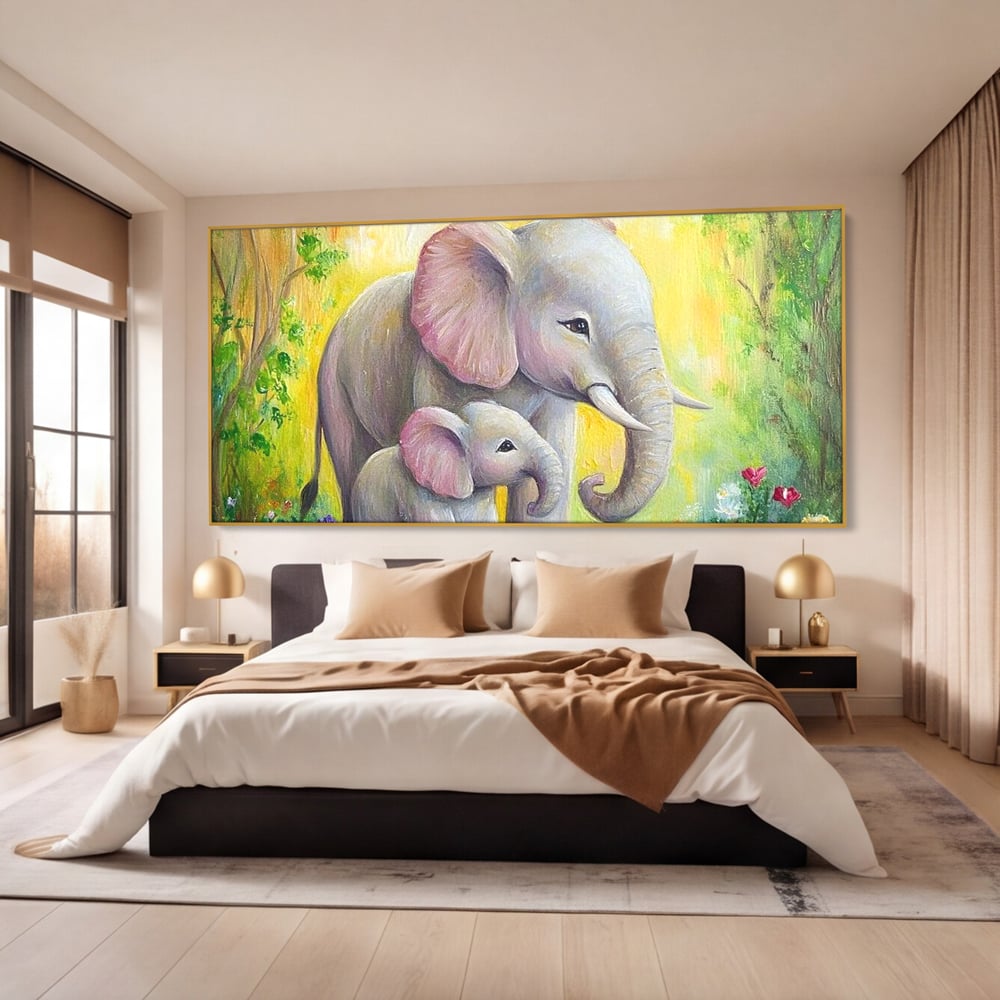 Tablou Canvas Premium, LuxCanva® M1322, Gradina Elefantilor, Afectiune, Mama, Pui, Gradina, Flori, Pictura, Culori Vibrante, Primavara, Elefanti, Dragut, Birou, Living, Camera Copil