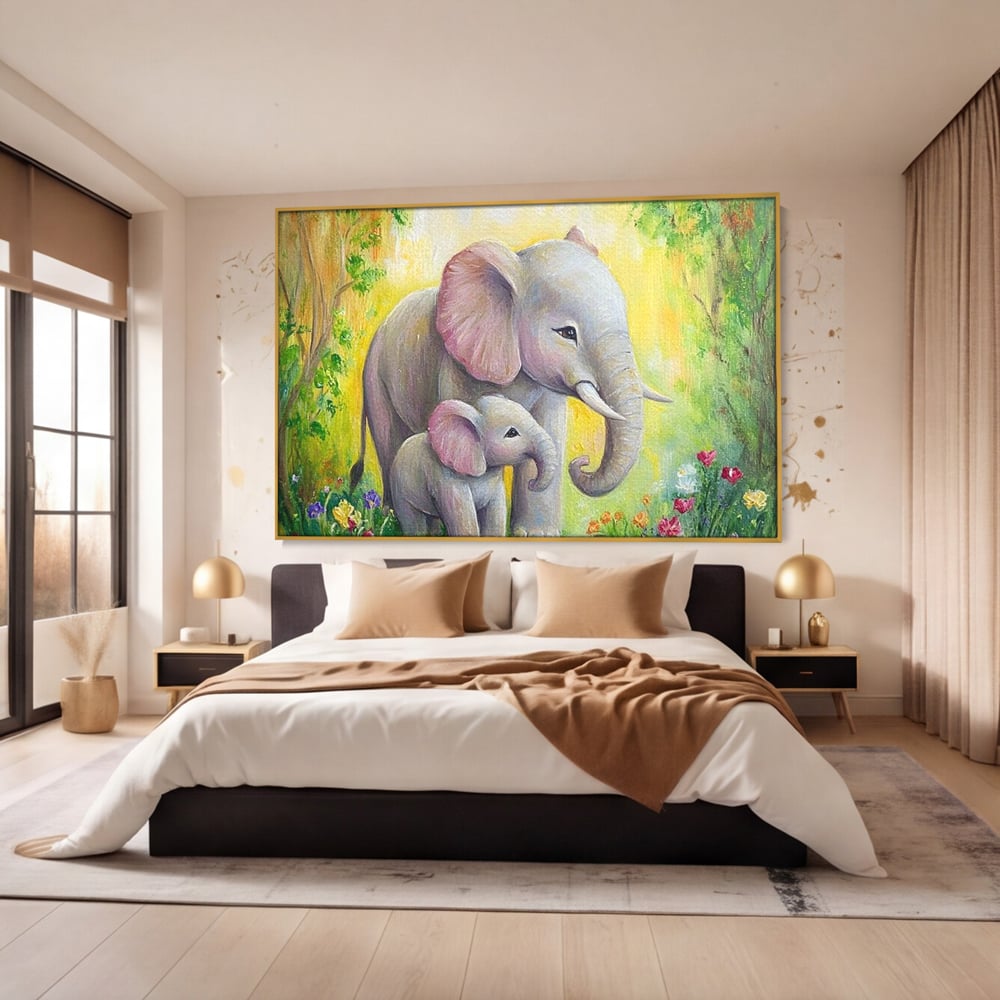 Tablou Canvas Premium, LuxCanva® M1322, Gradina Elefantilor, Afectiune, Mama, Pui, Gradina, Flori, Pictura, Culori Vibrante, Primavara, Elefanti, Dragut, Birou, Living, Camera Copil