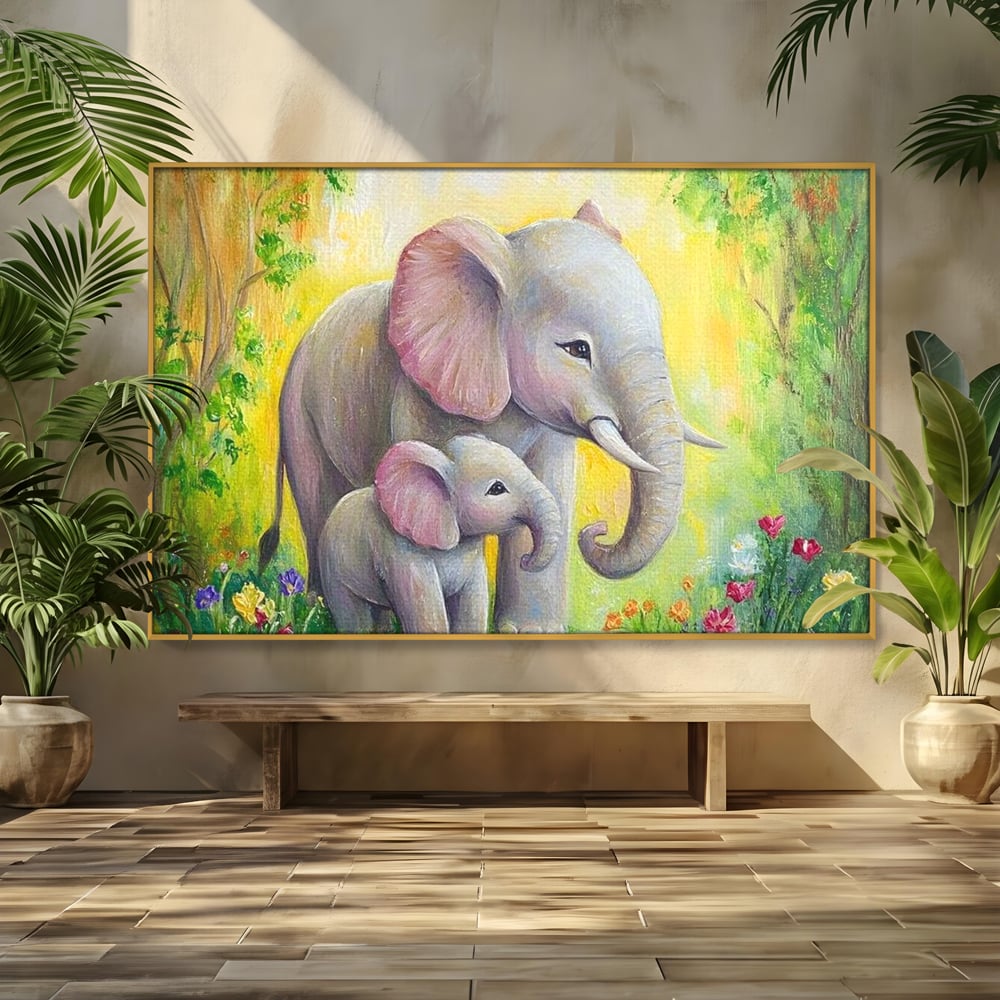 Tablou Canvas Premium, LuxCanva® M1322, Gradina Elefantilor, Afectiune, Mama, Pui, Gradina, Flori, Pictura, Culori Vibrante, Primavara, Elefanti, Dragut, Birou, Living, Camera Copil