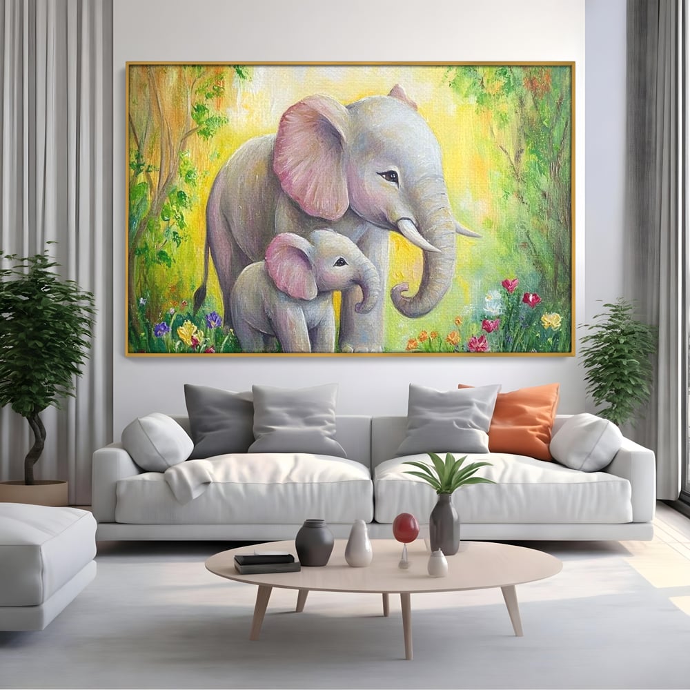 Tablou Canvas Premium, LuxCanva® M1322, Gradina Elefantilor, Afectiune, Mama, Pui, Gradina, Flori, Pictura, Culori Vibrante, Primavara, Elefanti, Dragut, Birou, Living, Camera Copil