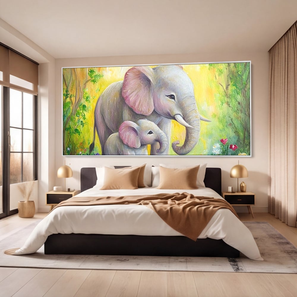 Tablou Canvas Premium, LuxCanva® M1322, Gradina Elefantilor, Afectiune, Mama, Pui, Gradina, Flori, Pictura, Culori Vibrante, Primavara, Elefanti, Dragut, Birou, Living, Camera Copil