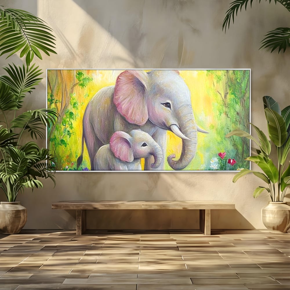 Tablou Canvas Premium, LuxCanva® M1322, Gradina Elefantilor, Afectiune, Mama, Pui, Gradina, Flori, Pictura, Culori Vibrante, Primavara, Elefanti, Dragut, Birou, Living, Camera Copil