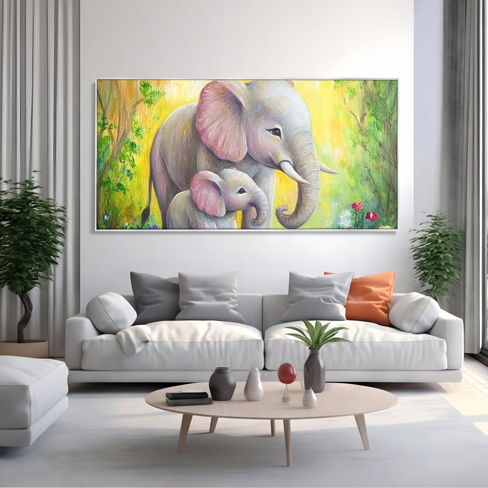Tablou Canvas Premium, LuxCanva® M1322, Gradina Elefantilor, Afectiune, Mama, Pui, Gradina, Flori, Pictura, Culori Vibrante, Primavara, Elefanti, Dragut, Birou, Living, Camera Copil