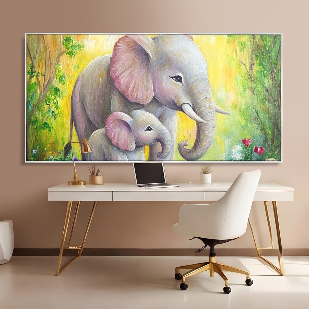 Tablou Canvas Premium, LuxCanva® M1322, Gradina Elefantilor, Afectiune, Mama, Pui, Gradina, Flori, Pictura, Culori Vibrante, Primavara, Elefanti, Dragut, Birou, Living, Camera Copil