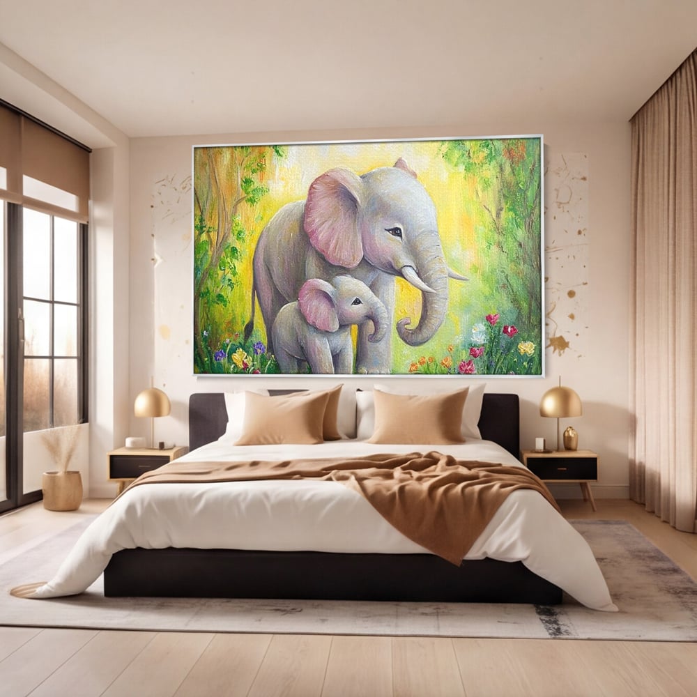 Tablou Canvas Premium, LuxCanva® M1322, Gradina Elefantilor, Afectiune, Mama, Pui, Gradina, Flori, Pictura, Culori Vibrante, Primavara, Elefanti, Dragut, Birou, Living, Camera Copil