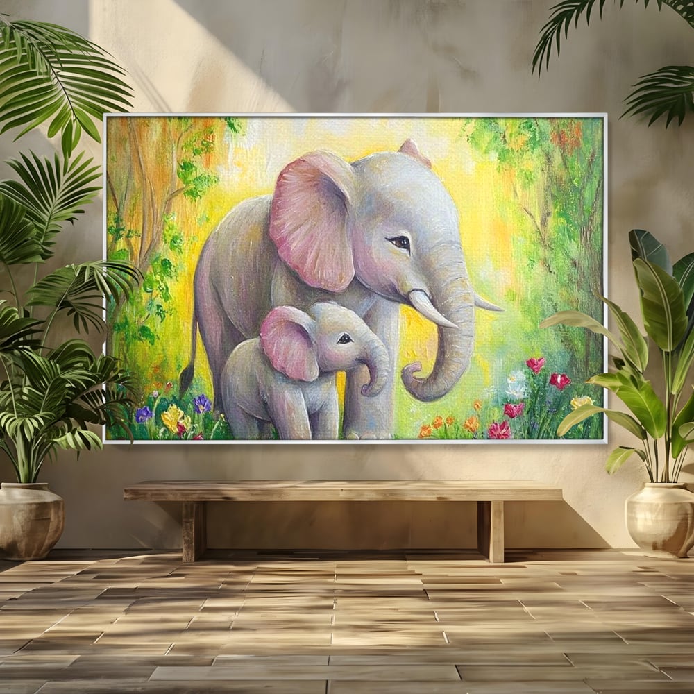 Tablou Canvas Premium, LuxCanva® M1322, Gradina Elefantilor, Afectiune, Mama, Pui, Gradina, Flori, Pictura, Culori Vibrante, Primavara, Elefanti, Dragut, Birou, Living, Camera Copil