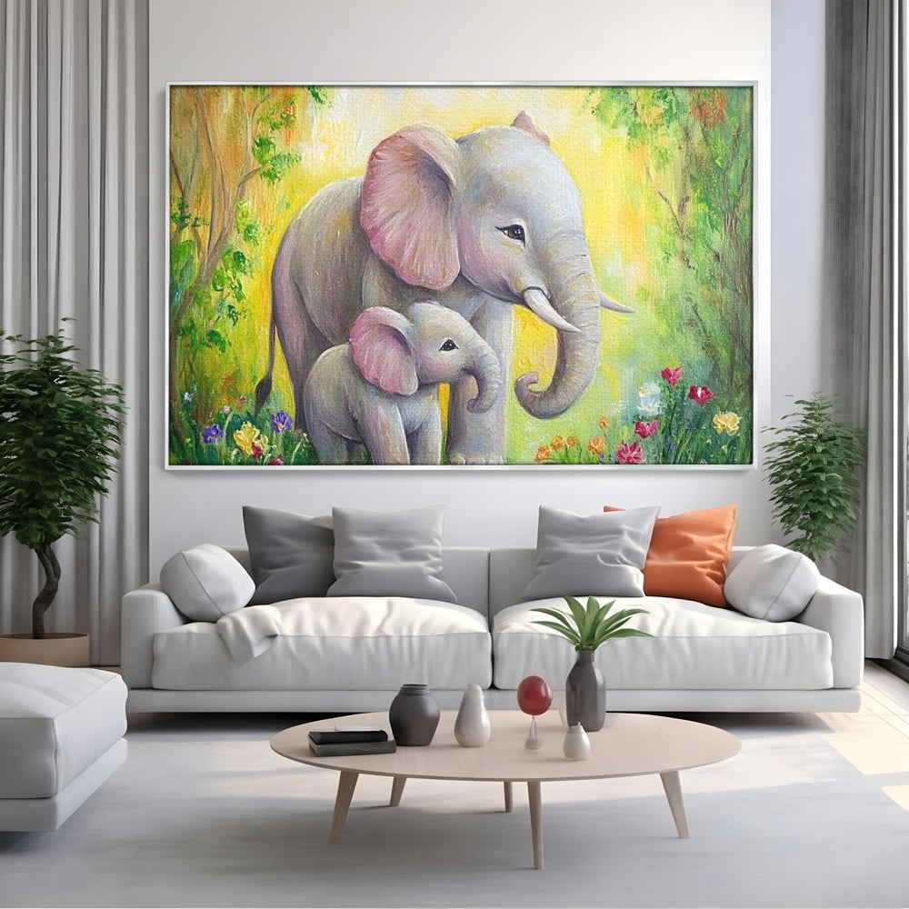 Tablou Canvas Premium, LuxCanva® M1322, Gradina Elefantilor, Afectiune, Mama, Pui, Gradina, Flori, Pictura, Culori Vibrante, Primavara, Elefanti, Dragut, Birou, Living, Camera Copil