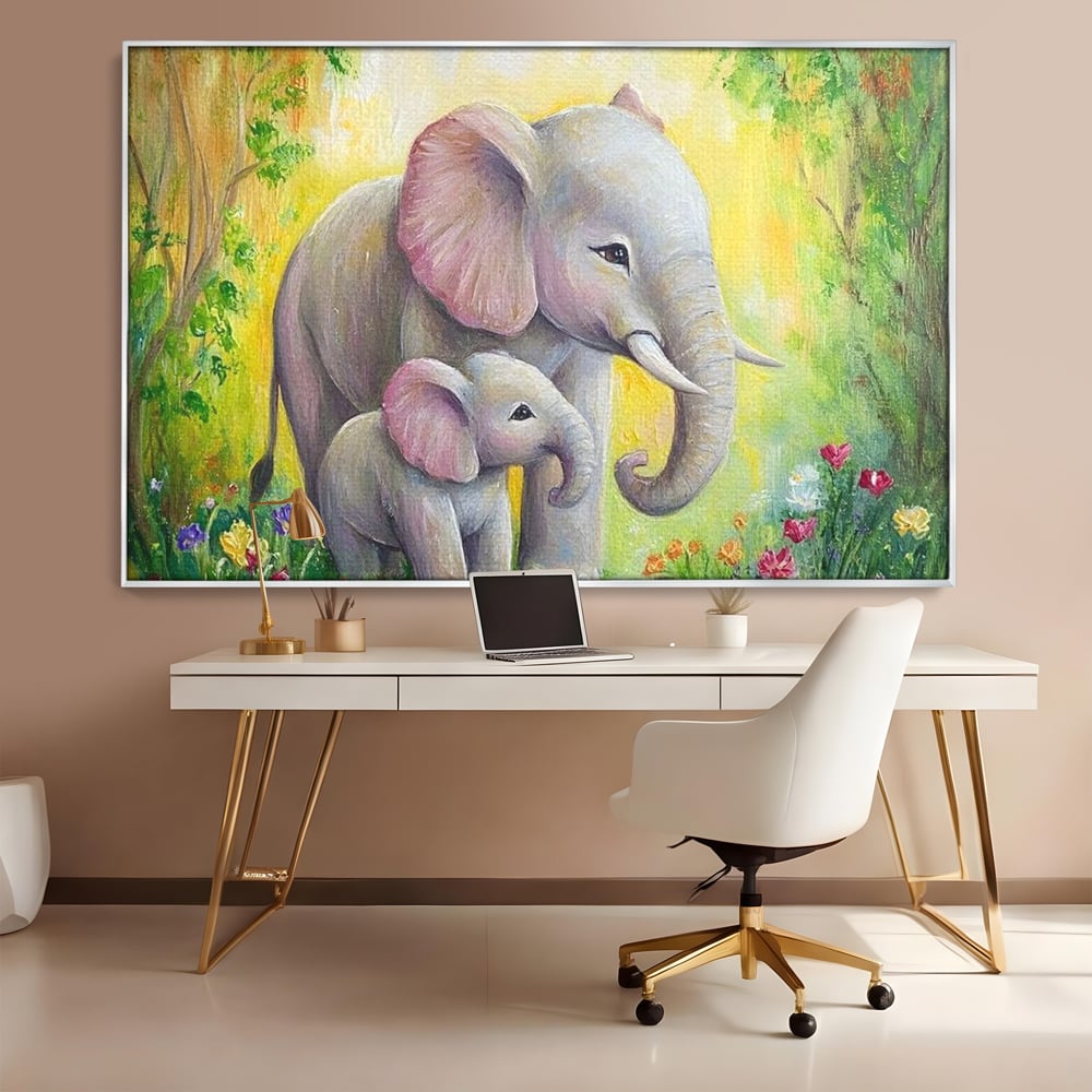 Tablou Canvas Premium, LuxCanva® M1322, Gradina Elefantilor, Afectiune, Mama, Pui, Gradina, Flori, Pictura, Culori Vibrante, Primavara, Elefanti, Dragut, Birou, Living, Camera Copil