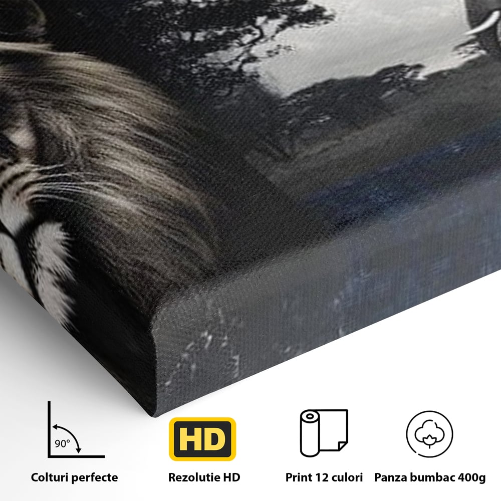 Tablou Canvas Premium, LuxCanva® M1323, Alianta Eterna, Leu, Elefant, Putere, Arta Abstracta, Contrast, Salbaticie, Natura, Cadru, Savana, Animale, Noblete, Birou, Living, Camera Copil