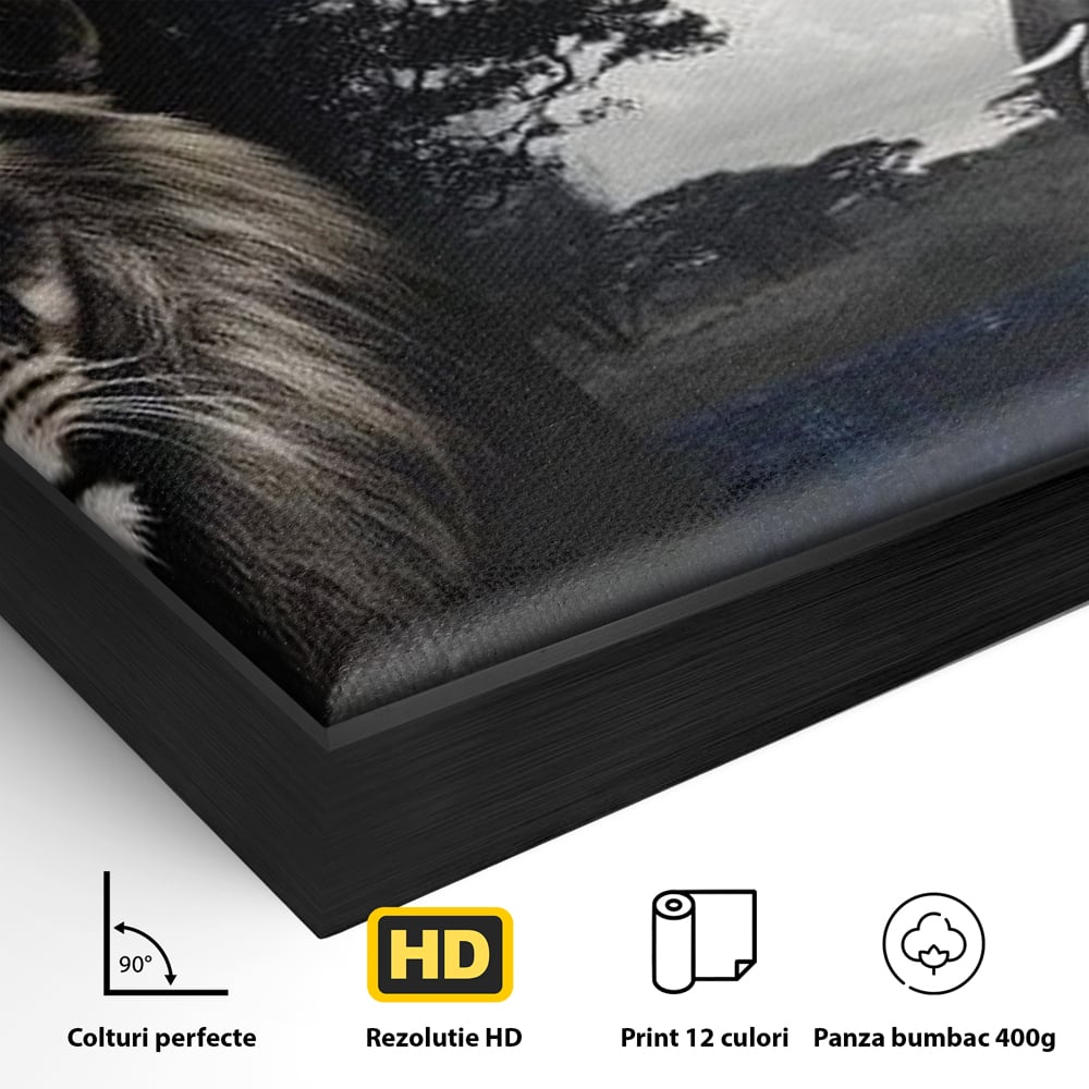 Tablou Canvas Premium, LuxCanva® M1323, Alianta Eterna, Leu, Elefant, Putere, Arta Abstracta, Contrast, Salbaticie, Natura, Cadru, Savana, Animale, Noblete, Birou, Living, Camera Copil