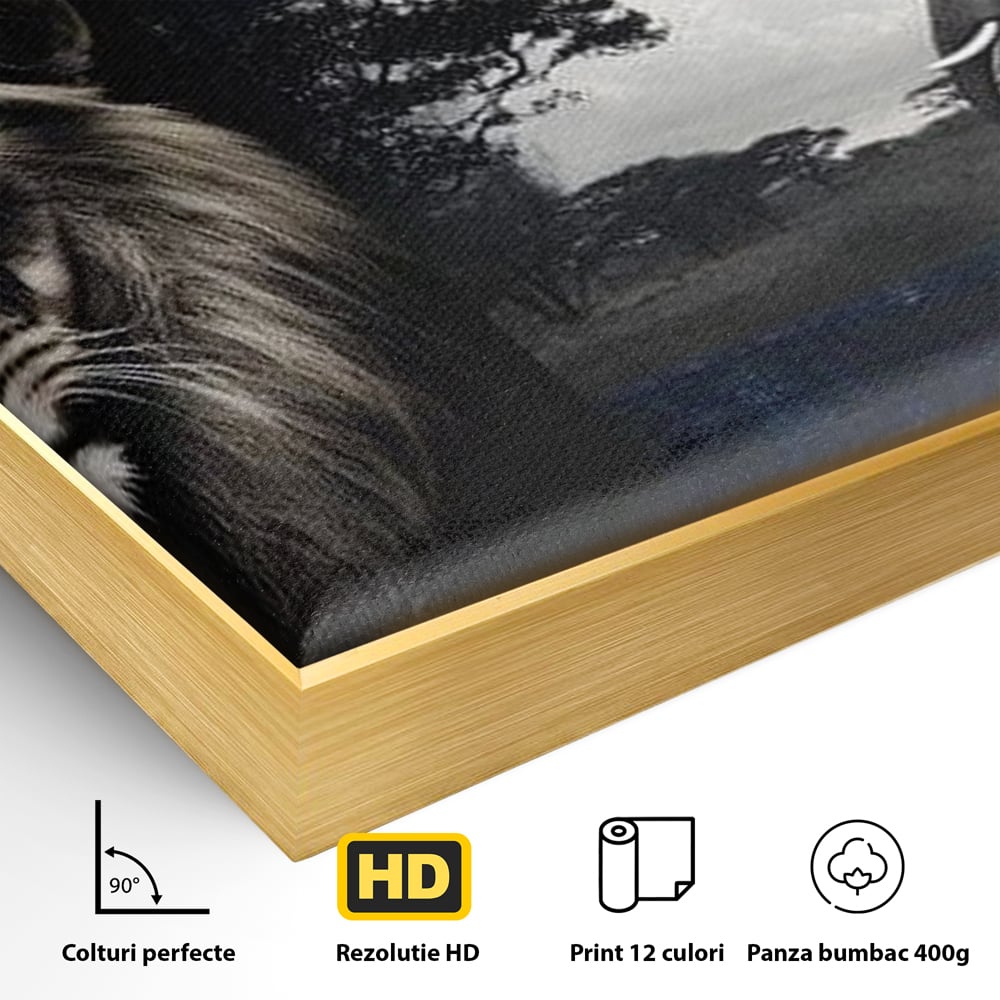 Tablou Canvas Premium, LuxCanva® M1323, Alianta Eterna, Leu, Elefant, Putere, Arta Abstracta, Contrast, Salbaticie, Natura, Cadru, Savana, Animale, Noblete, Birou, Living, Camera Copil