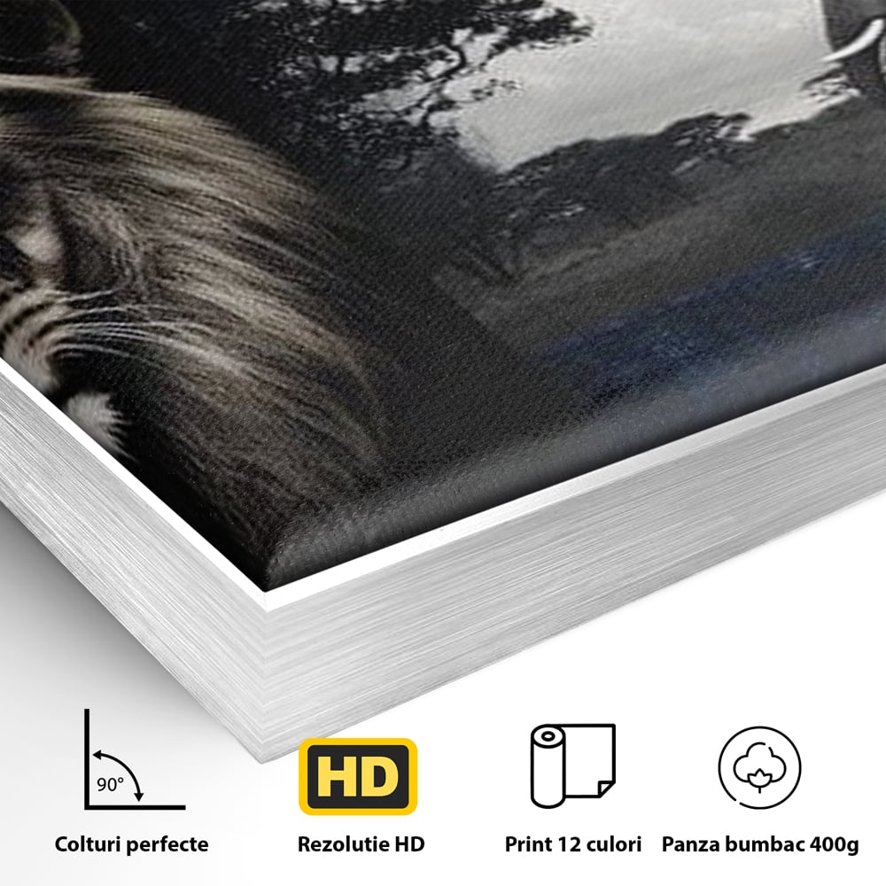 Tablou Canvas Premium, LuxCanva® M1323, Alianta Eterna, Leu, Elefant, Putere, Arta Abstracta, Contrast, Salbaticie, Natura, Cadru, Savana, Animale, Noblete, Birou, Living, Camera Copil