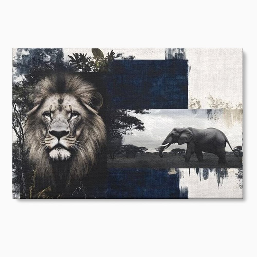 Tablou Canvas Premium, LuxCanva® M1323, Alianta Eterna, Leu, Elefant, Putere, Arta Abstracta, Contrast, Salbaticie, Natura, Cadru, Savana, Animale, Noblete, Birou, Living, Camera Copil