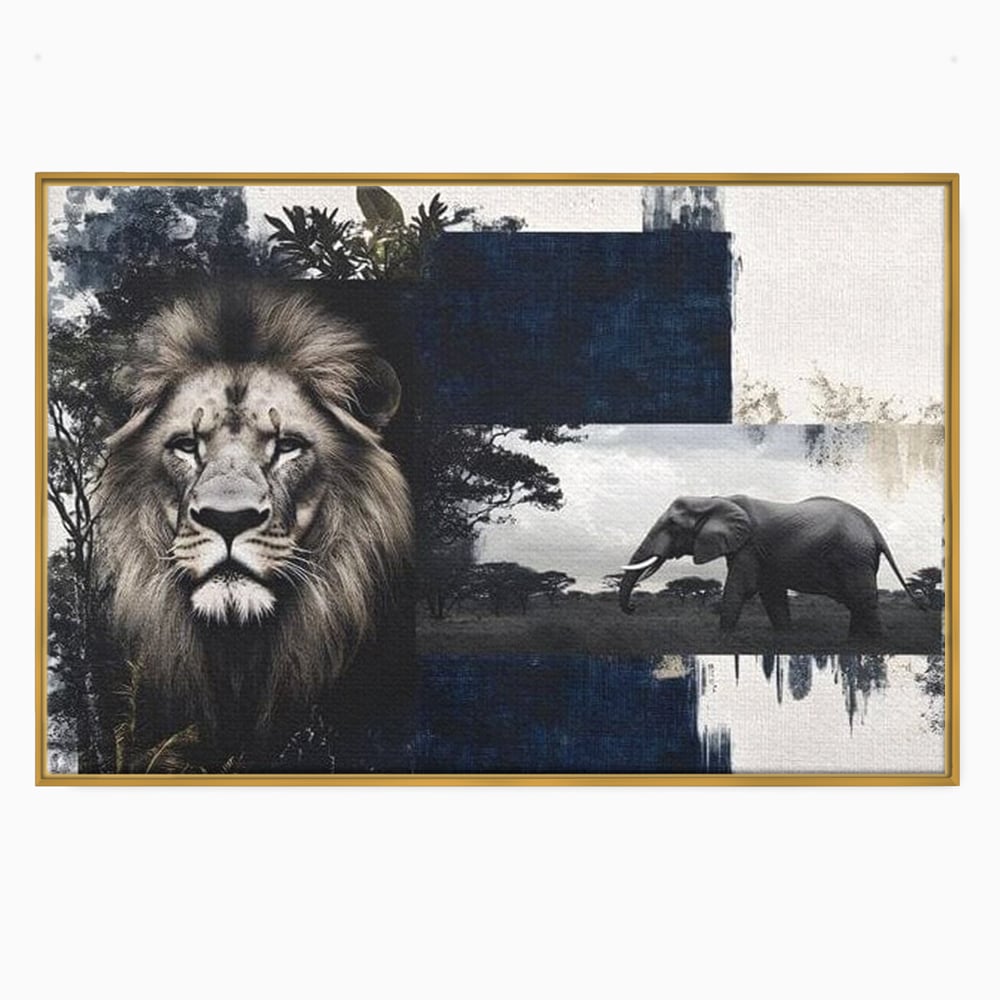 Tablou Canvas Premium, LuxCanva® M1323, Alianta Eterna, Leu, Elefant, Putere, Arta Abstracta, Contrast, Salbaticie, Natura, Cadru, Savana, Animale, Noblete, Birou, Living, Camera Copil