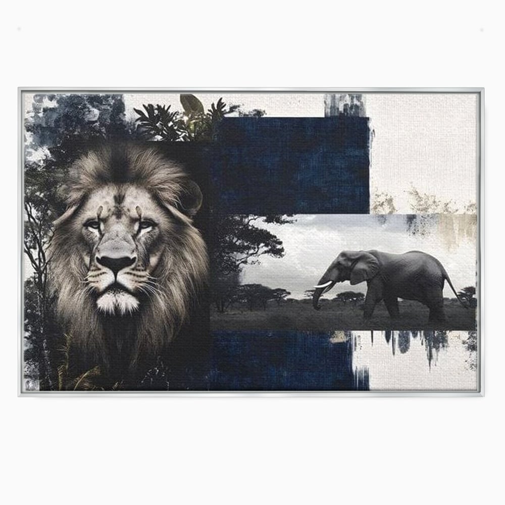 Tablou Canvas Premium, LuxCanva® M1323, Alianta Eterna, Leu, Elefant, Putere, Arta Abstracta, Contrast, Salbaticie, Natura, Cadru, Savana, Animale, Noblete, Birou, Living, Camera Copil