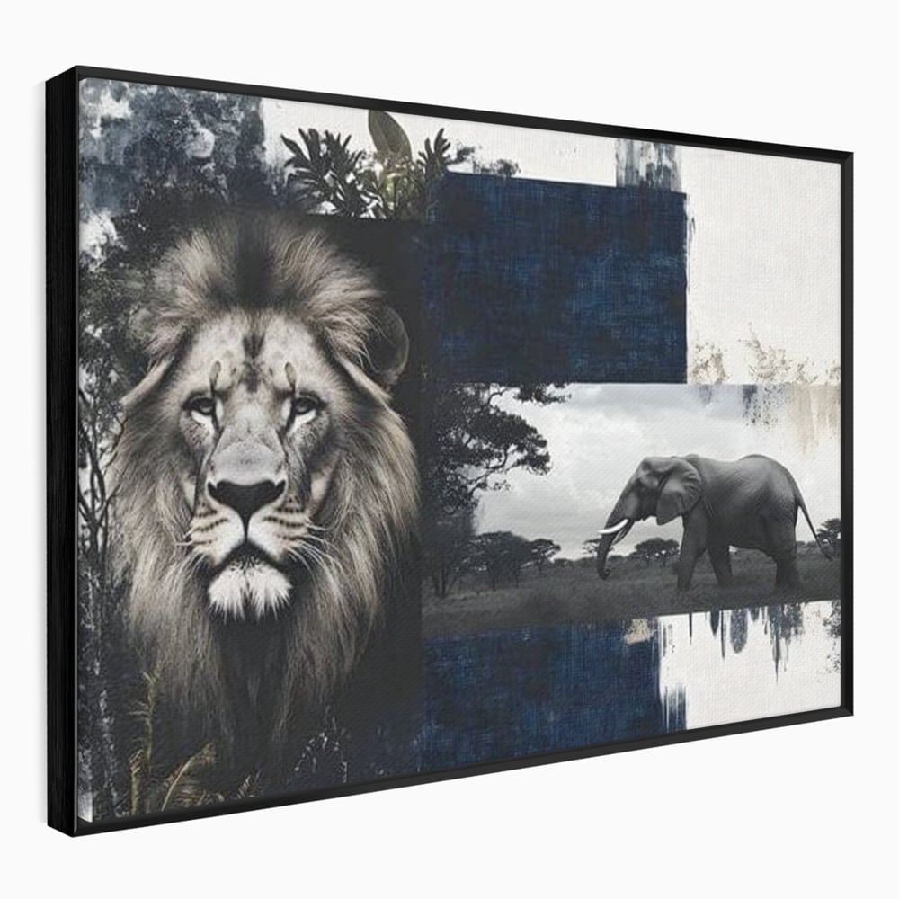 Tablou Canvas Premium, LuxCanva® M1323, Alianta Eterna, Leu, Elefant, Putere, Arta Abstracta, Contrast, Salbaticie, Natura, Cadru, Savana, Animale, Noblete, Birou, Living, Camera Copil