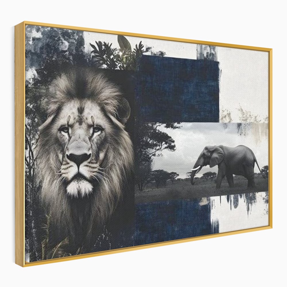 Tablou Canvas Premium, LuxCanva® M1323, Alianta Eterna, Leu, Elefant, Putere, Arta Abstracta, Contrast, Salbaticie, Natura, Cadru, Savana, Animale, Noblete, Birou, Living, Camera Copil