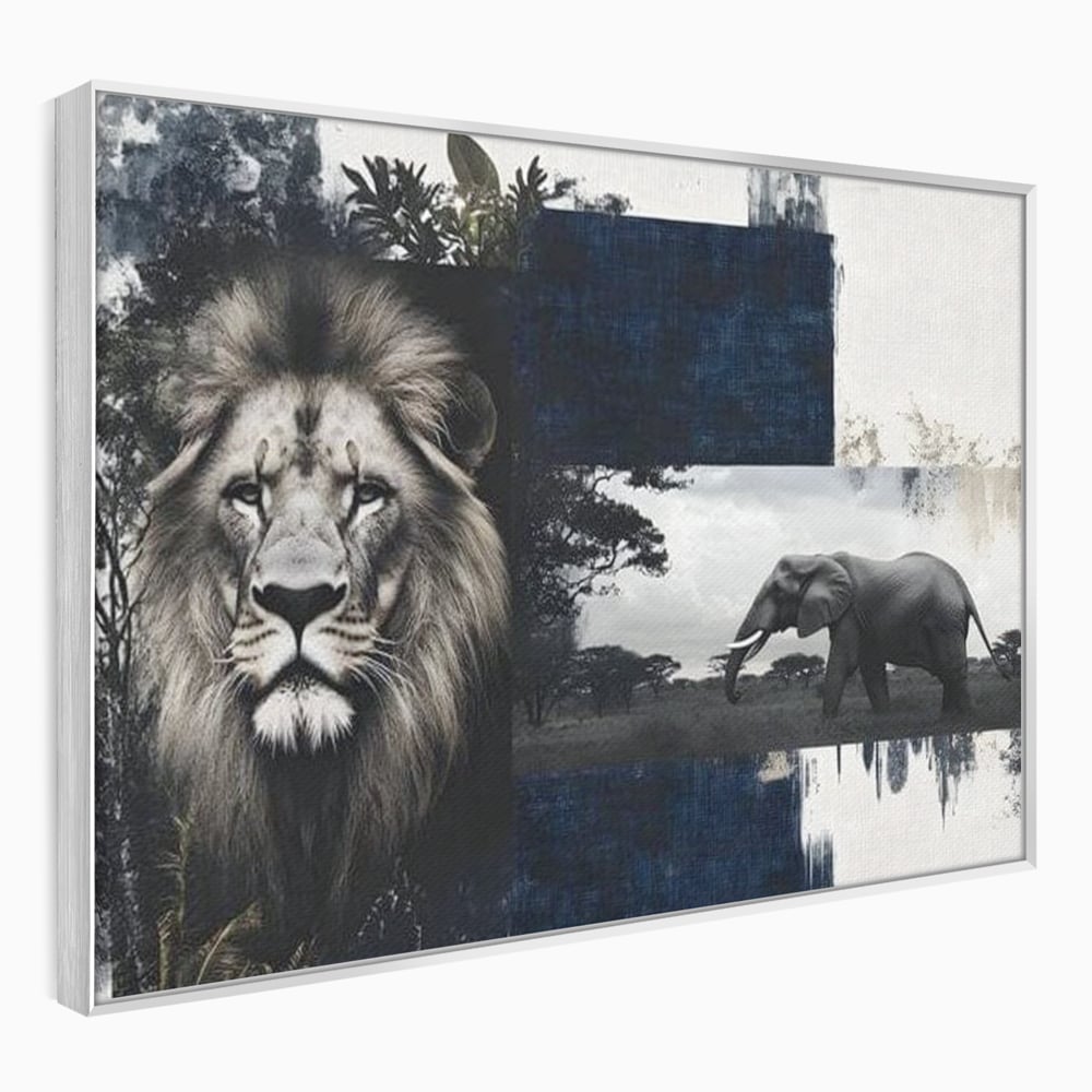 Tablou Canvas Premium, LuxCanva® M1323, Alianta Eterna, Leu, Elefant, Putere, Arta Abstracta, Contrast, Salbaticie, Natura, Cadru, Savana, Animale, Noblete, Birou, Living, Camera Copil