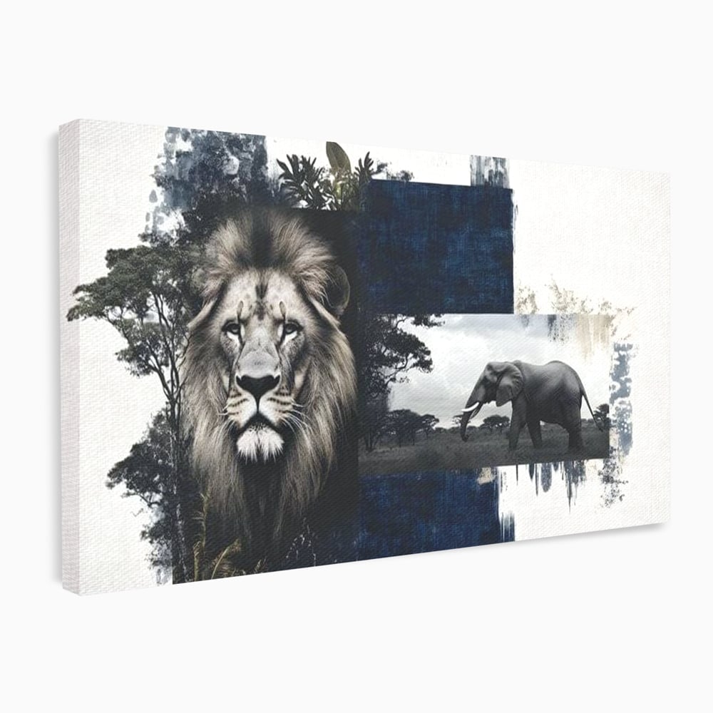 Tablou Canvas Premium, LuxCanva® M1323, Alianta Eterna, Leu, Elefant, Putere, Arta Abstracta, Contrast, Salbaticie, Natura, Cadru, Savana, Animale, Noblete, Birou, Living, Camera Copil