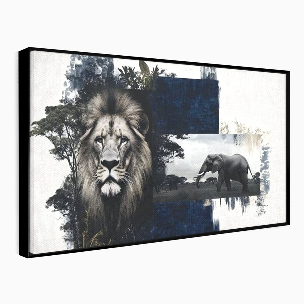 Tablou Canvas Premium, LuxCanva® M1323, Alianta Eterna, Leu, Elefant, Putere, Arta Abstracta, Contrast, Salbaticie, Natura, Cadru, Savana, Animale, Noblete, Birou, Living, Camera Copil