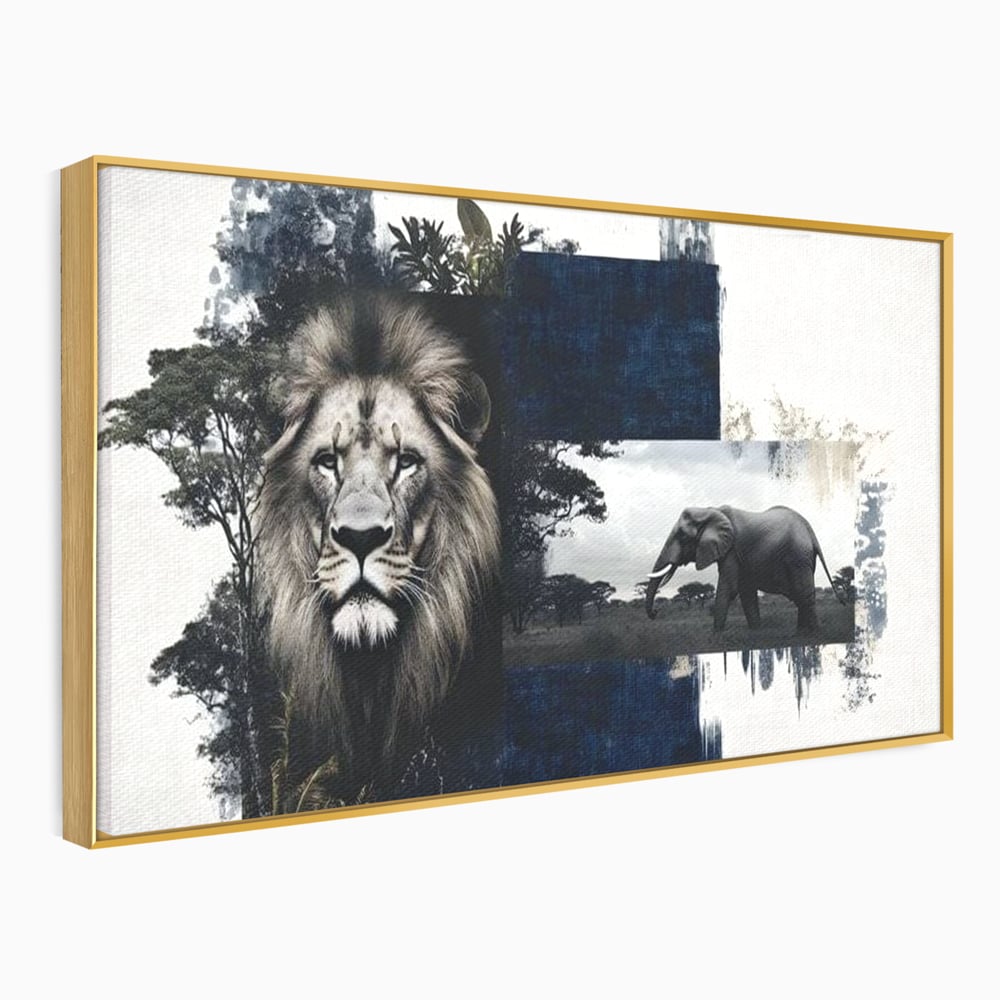 Tablou Canvas Premium, LuxCanva® M1323, Alianta Eterna, Leu, Elefant, Putere, Arta Abstracta, Contrast, Salbaticie, Natura, Cadru, Savana, Animale, Noblete, Birou, Living, Camera Copil