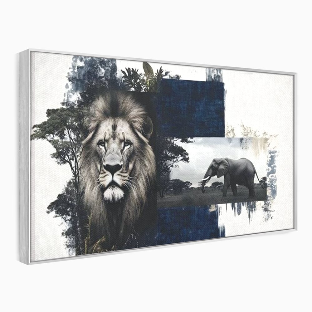 Tablou Canvas Premium, LuxCanva® M1323, Alianta Eterna, Leu, Elefant, Putere, Arta Abstracta, Contrast, Salbaticie, Natura, Cadru, Savana, Animale, Noblete, Birou, Living, Camera Copil