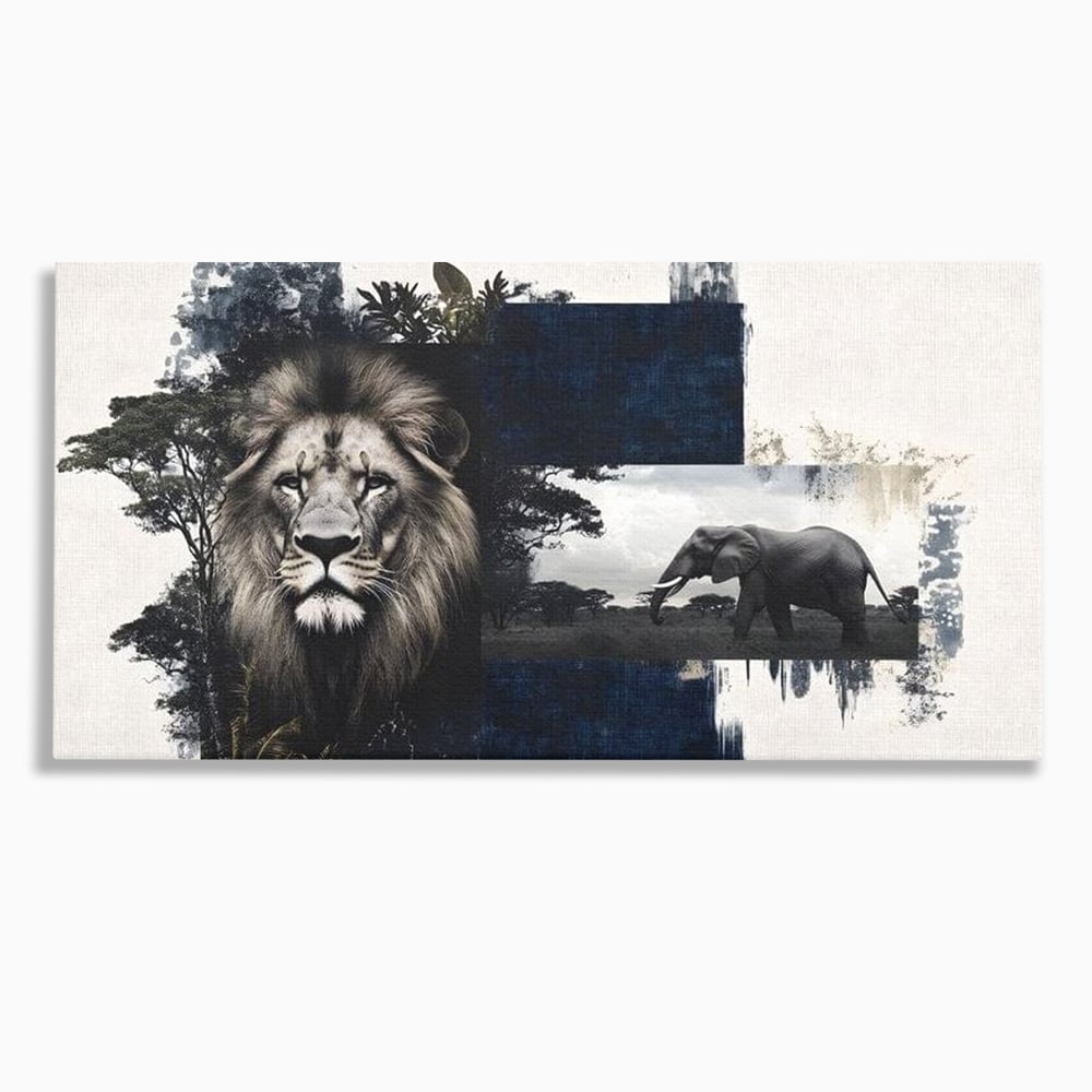 Tablou Canvas Premium, LuxCanva® M1323, Alianta Eterna, Leu, Elefant, Putere, Arta Abstracta, Contrast, Salbaticie, Natura, Cadru, Savana, Animale, Noblete, Birou, Living, Camera Copil